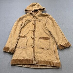 Vintage Duffle Jacket Women's XL Tan Faux Suede Fur Lined Hooded Toggle Coat 90s